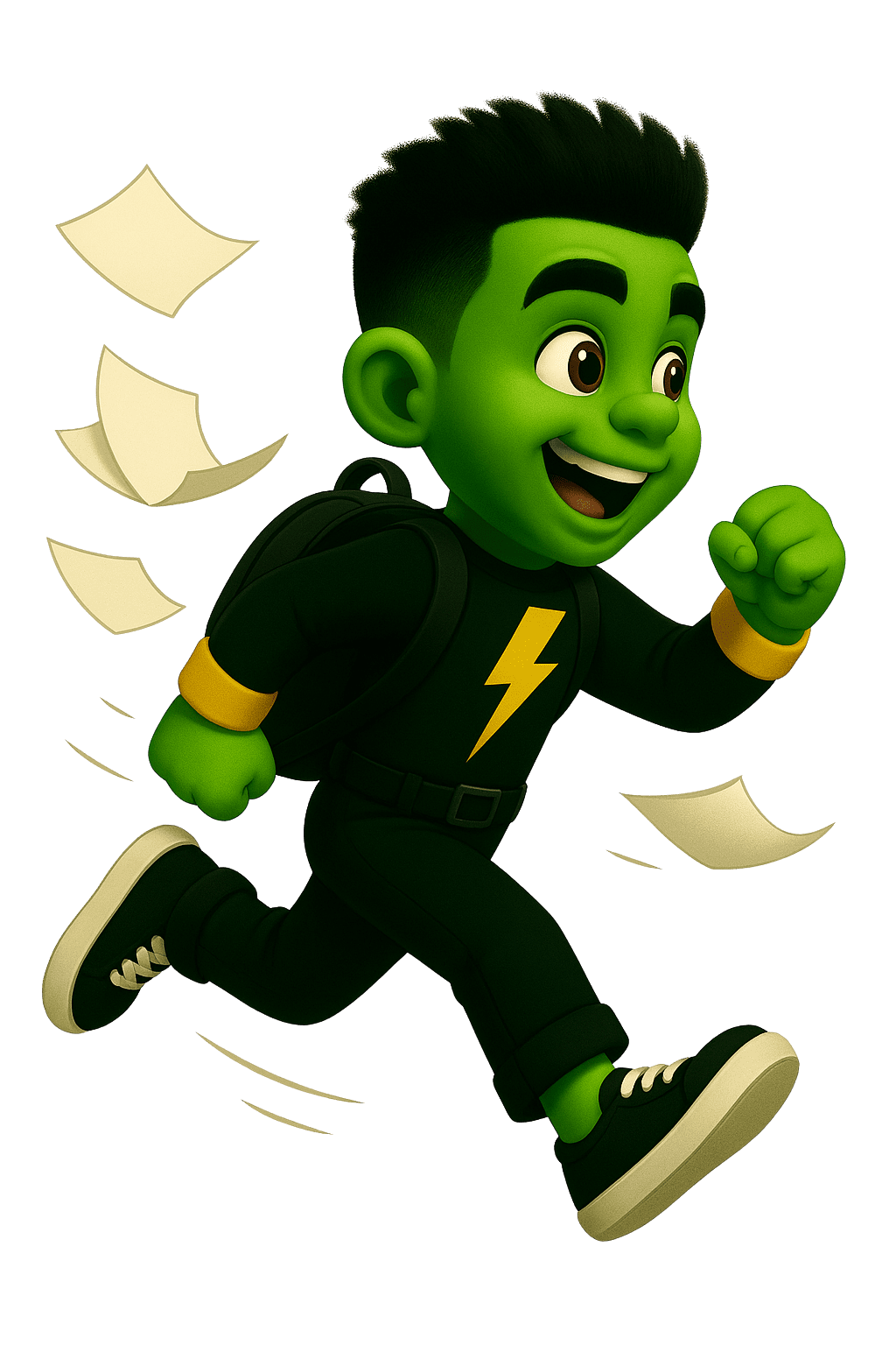 Flash Copy mascot, representing eco-friendliness and sustainability, actively running forward.